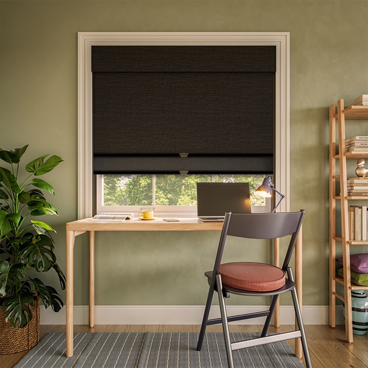 Color: Irish Linen Raven; Dual Shade: Landera Eclipse; Headrail: 7 Inch Fabric Valance Light Control: Light Guard.