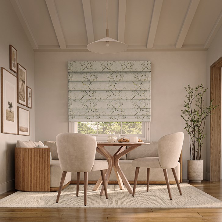 Color: Kyoto Pear Blossom SW246; Blackout Liner: White; Mount: Outside; Fold Style: Hobbled; Lift: Continuous Cord Loop; Headrail: Fabric Valance