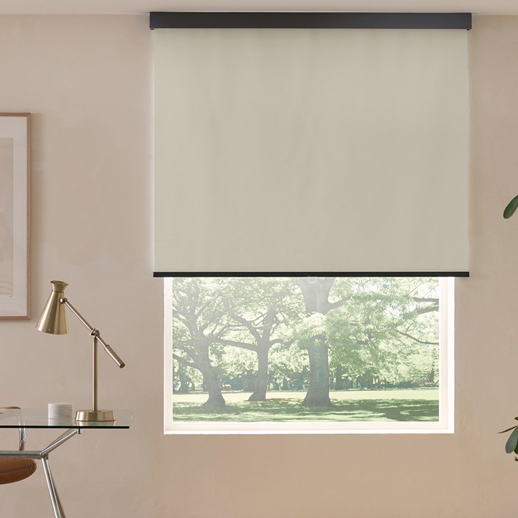 Blackout Roller Shades in the Rainier Flaxen color with the 3in. Facia.