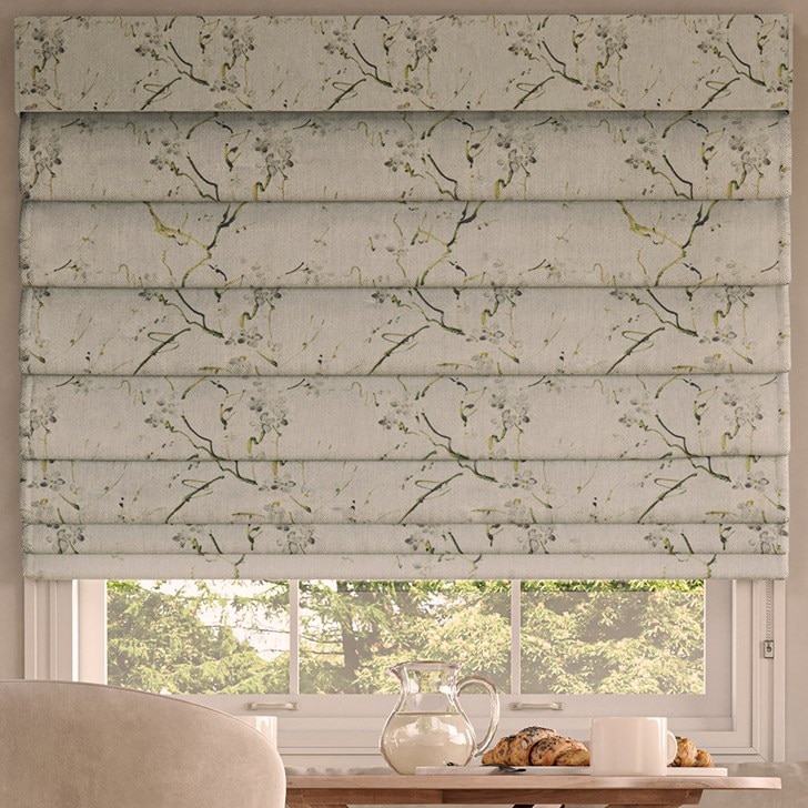 Color: Kyoto Pear Blossom SW246; Blackout Liner: White; Mount: Outside; Fold Style: Hobbled; Lift: Continuous Cord Loop; Headrail: Fabric Valance