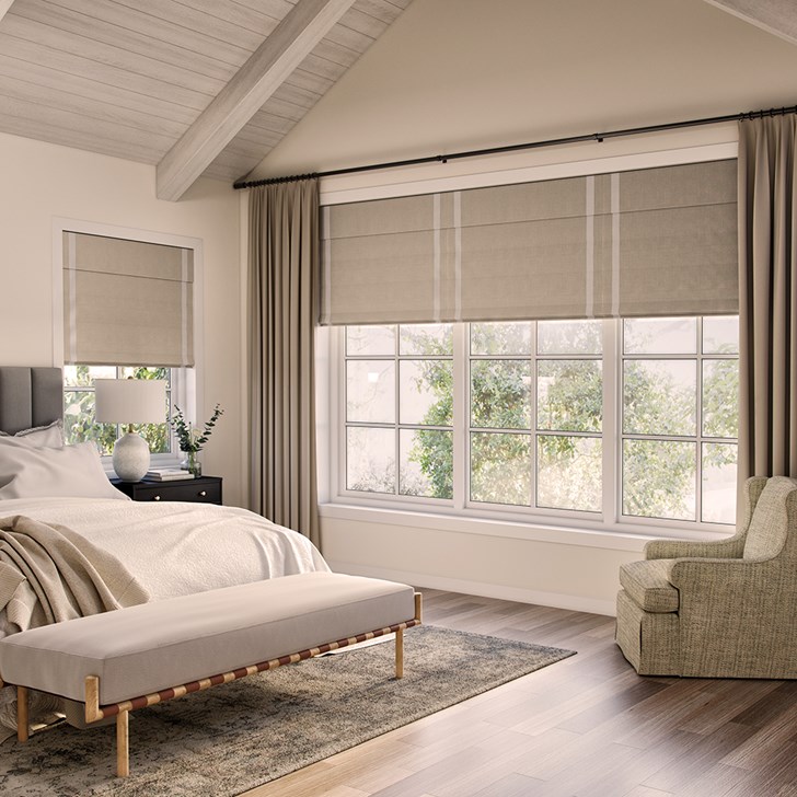 Color: Irish Linen Newcastle; Edge Binding: Cloud; Style: Flat Fold; Blackout Liner: White; Window Measurements: Small Window 50 In Wide x 85 3/4 In Tall and Large Window 150.25 In Wide x 93 3/4 In Tall