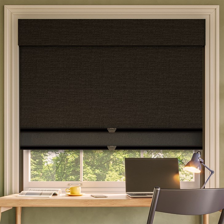 Color: Irish Linen Raven; Dual Shade: Landera Eclipse; Headrail: 7 Inch Fabric Valance Light Control: Light Guard.