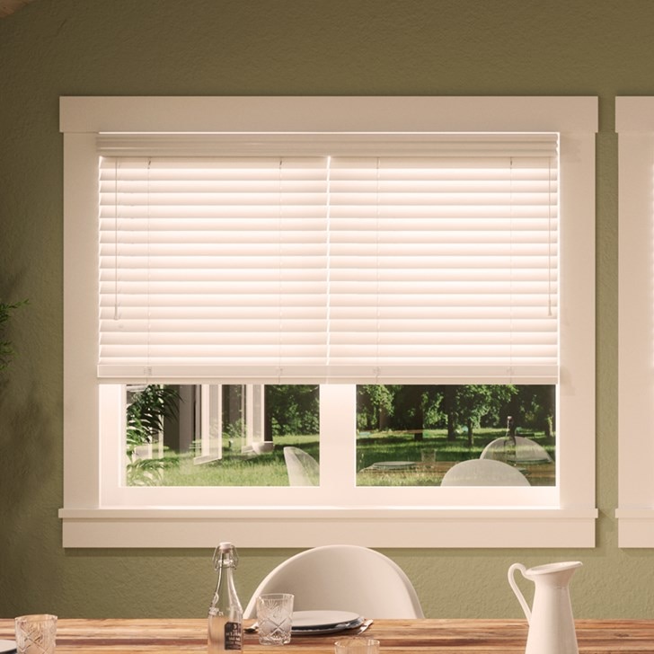 Color: Embossed White; Lift: Cordless; Headrail: 2on1; Tilt: Wand