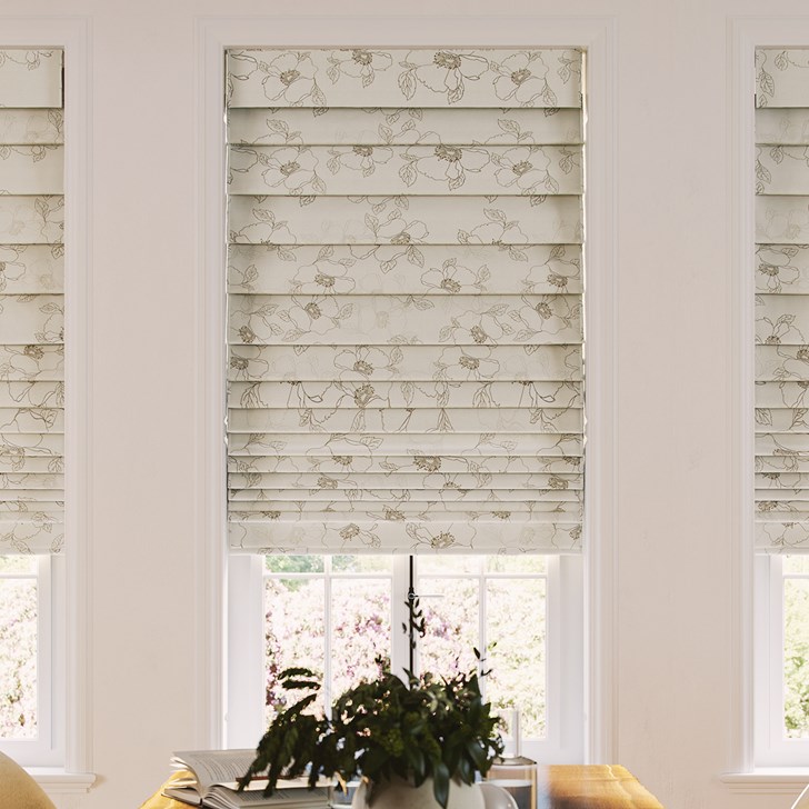 Color: Oleander Blossom; Style: Hobbled Fold; Liner: Blackout White; Headrail: 6 Inch Fabric Valance