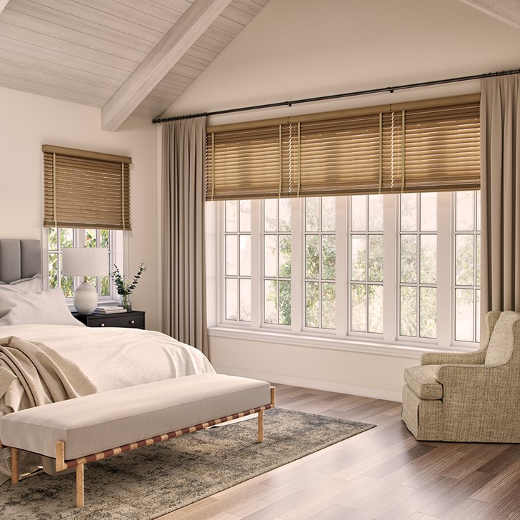 Color: Oak; Cloth Tape: Cornsilk; Valance: 3 1/2 Inch Modern Headrail; Window Measurements: Small Window 50 In Wide x 85 3/4 In Tall and Large Window 150.25 In Wide x 93 3/4 In Tall