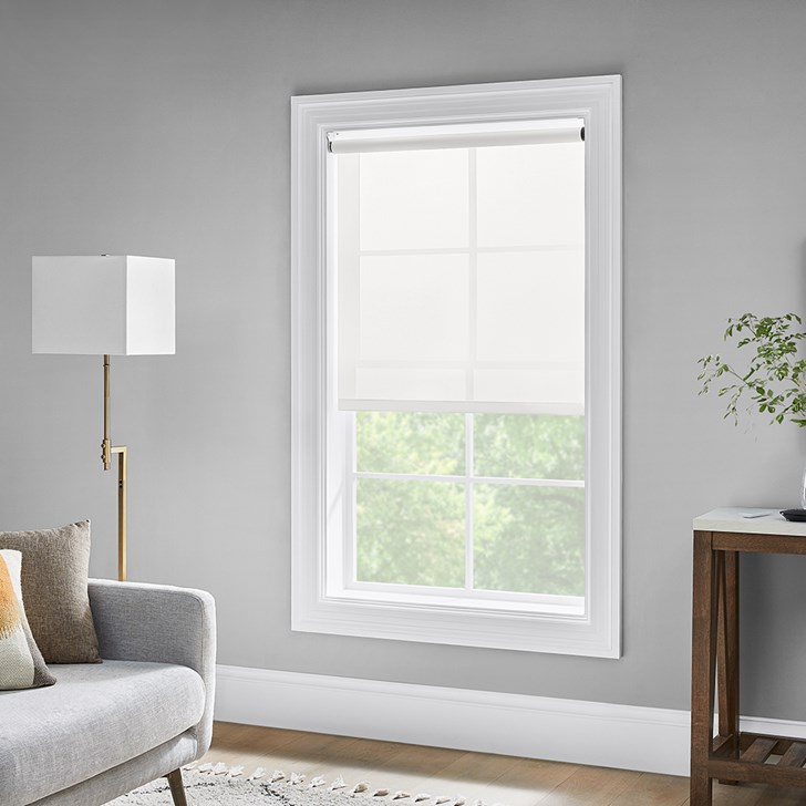 Motorized Solar Shades in the Canes Ice color.