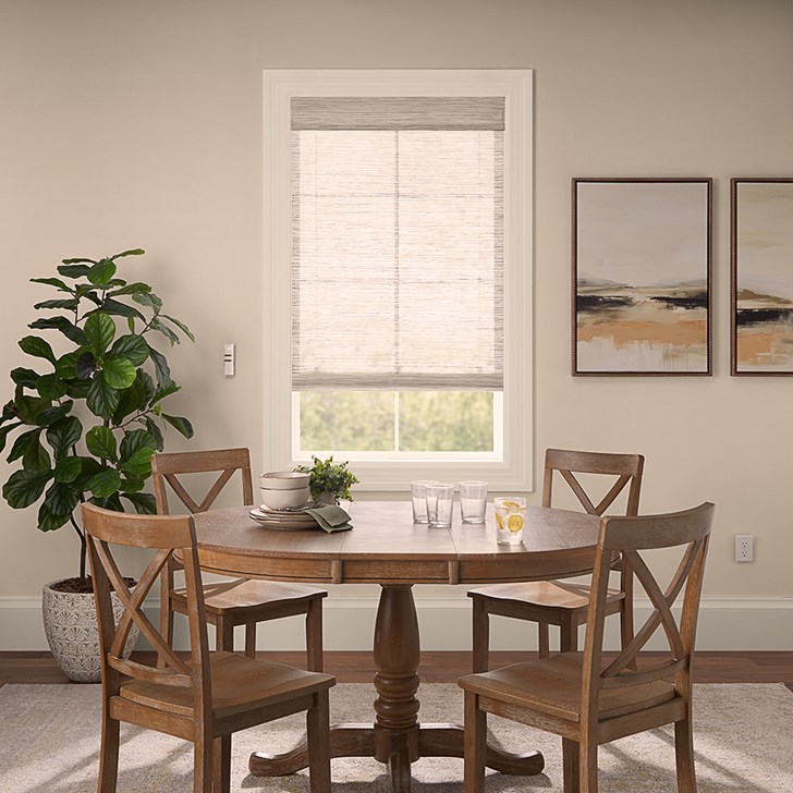 Color: Ashby Mist PS098; Lift: Motorized; Light Control: Light Filtering (No Liner); Headrail: Decorative Valance