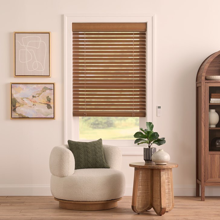 Color: Mink 130; Lift and Tilt: Motorized; Slats: Rounded Corners; Valance: 4 Inch Cord