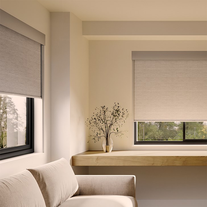 Color: Modica Cornerstone; Opacity: Blackout; Bottom Rail: Square Hem Bar; Add-On: Light Blocker; Headrail: 5 Inch Fascia