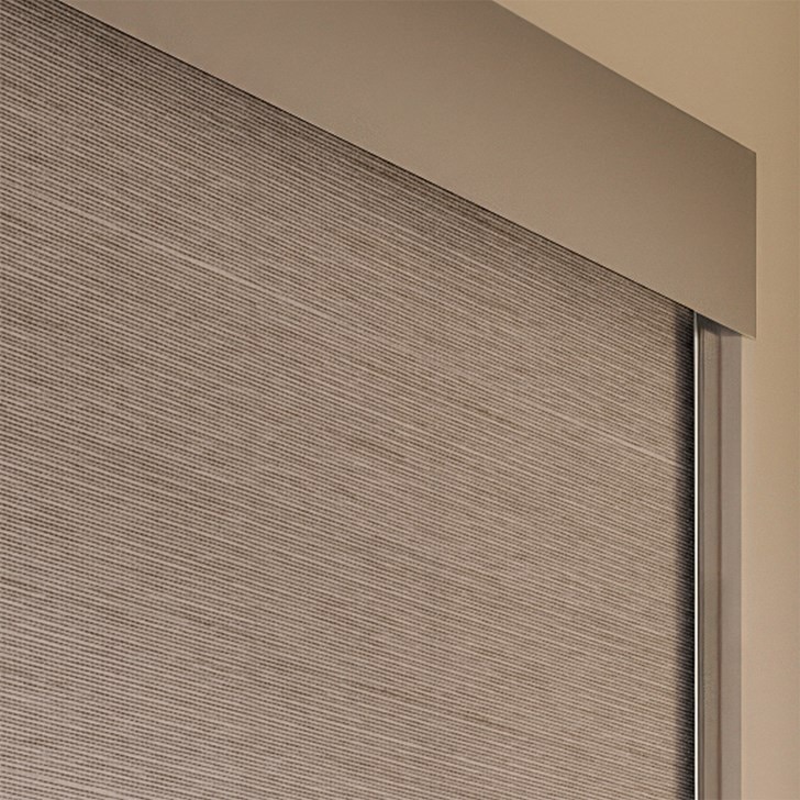 Color: Modica Cornerstone; Opacity: Blackout; Add-On: Light Blocker; Headrail: 5 Inch Fascia