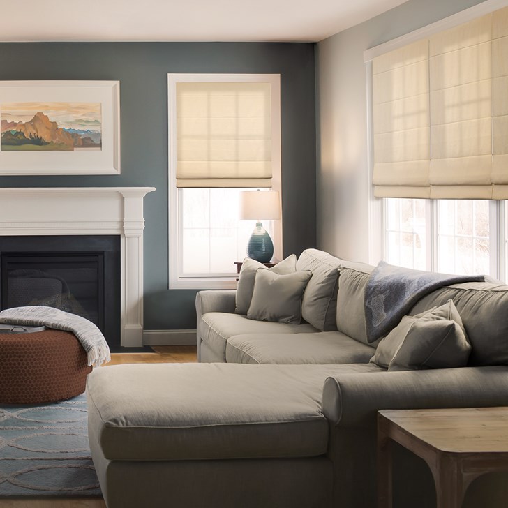 Color: Stonewash Halo; Fold Style: Classic Flat Pleat with Seams; Headrail: Waterfall; Liner: Light Filtering