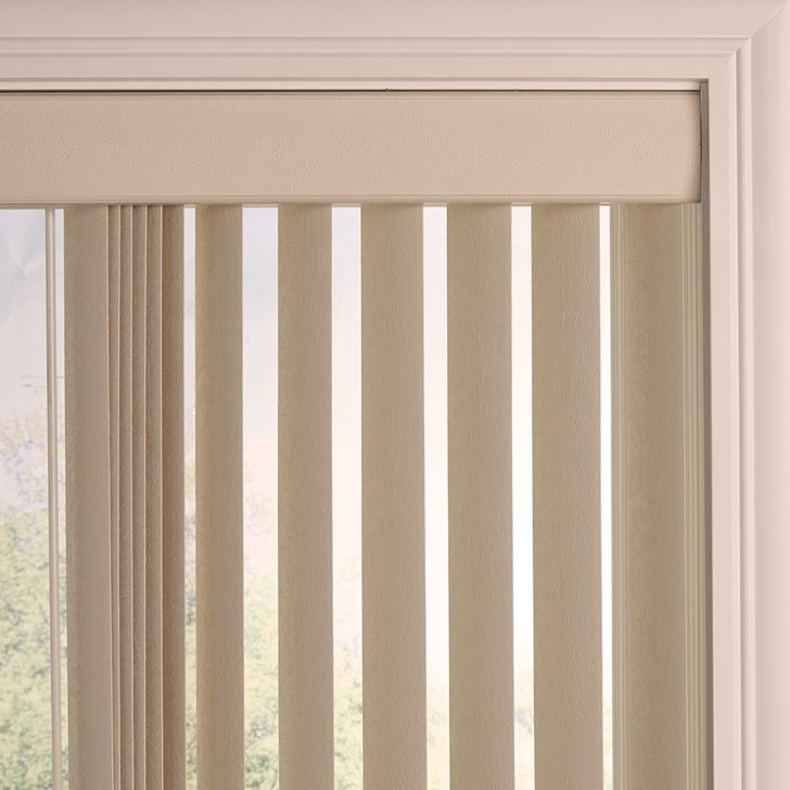 Color: Corly Beige CO-1053; Stack: 1 Way; Headrail: Dustcover Valance