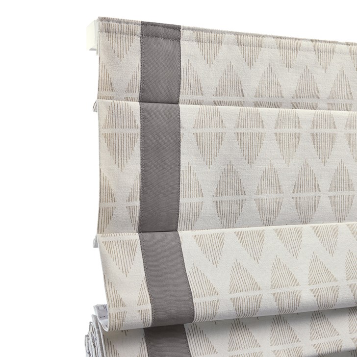 Roman Shades in the Pinnacles Biscuit color with the Classic Fold, Blackout Liner, and Inset Binding Tape in the Pebble color.