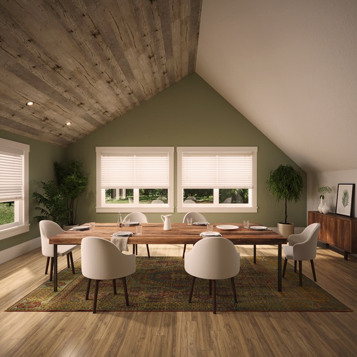 Color: Embossed White; Lift: Cordless; Headrail: 2on1; Tilt: Wand