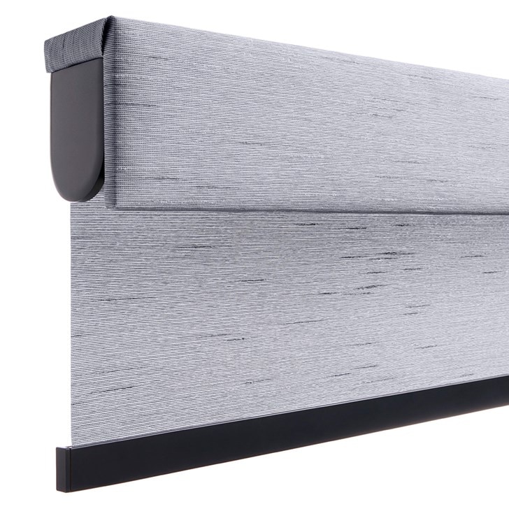 The Motorized Light Filtering Roller Shades in the Milan Indigo color with the Fabric Wrapped 4in. Cornice.