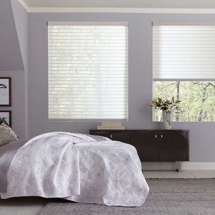 The Light Filtering Sheer Shades with the fabric-wrapped cassette valance in the 2.5” slat size. Color: Linen Ash S65BN823