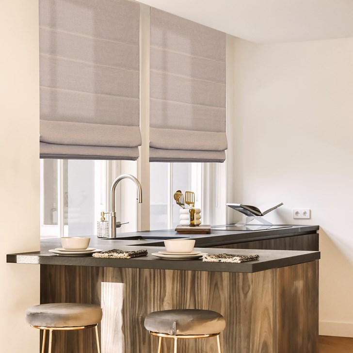 Color: Solenne Otter; Fold Style: Classic Flat Pleat with Seams; Headrail: Waterfall; Liner: Light Filtering