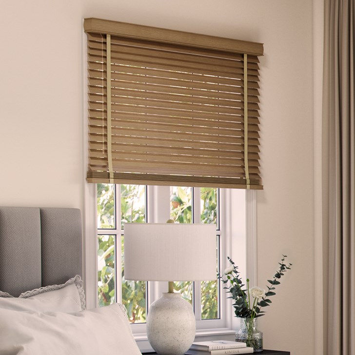 Color: Oak; Cloth Tape: Cornsilk; Valance: 3 1/2 Inch Modern Headrail; Window Measurements: 50 In Wide x 85 3/4 In Tall