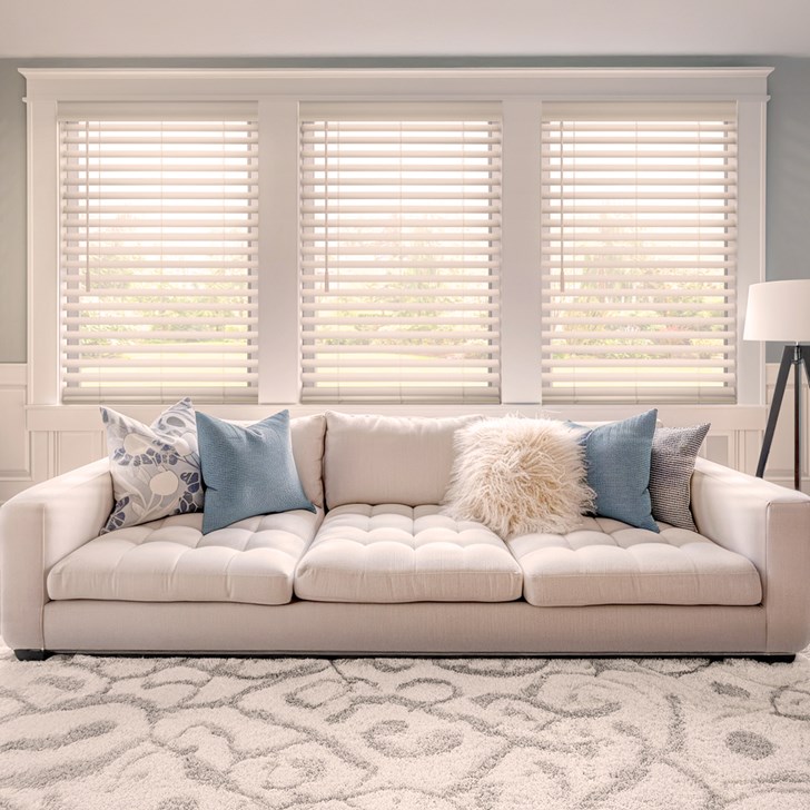 Color: Whitewash 6597; Slat Size: 2 Inch; Headrail: 3 1/4 Inch Designer Crown Valance